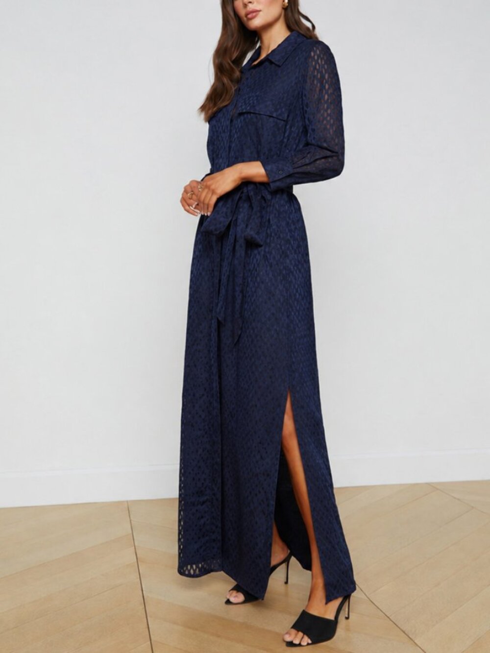 L'Agence Cameron Navy Blue Sheer Textured Maxi Shirt Dress Size M